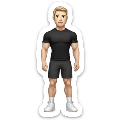 Pale skinned Fit Man With the biceps and dark brown hair in black shirt, gray sports shorts and white Sneakers His right hand near his back of the head sticker