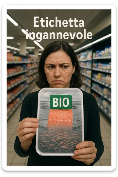 Scena in un supermercato moderno: uomo o donna tiene in mano una confezione di salmone etichettata 'BIO', con un grande bollino verde. Ma in trasparenza, dietro l’etichetta, si intravede un allevamento intensivo di salmoni in gabbie marine, acqua torbida e pesci ammassati. Espressione del cliente confusa e sospettosa. Sopra la testa, testo simbolico fluttuante: 'Etichetta ingannevole'. Colori contrastanti: confezione brillante ma realtà di fondo grigia e artificiale. Stile realistico con elementi simbolici forti realistico sticker