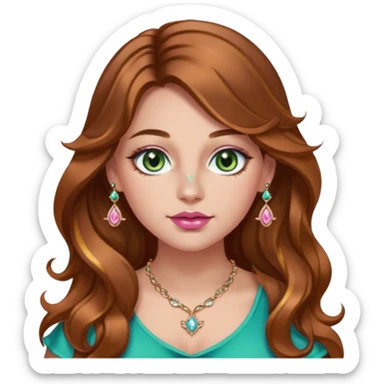 Girl girl long wavy brown hair with caramel highlights, green/blue/gold eyes, plus size, pink girly top, right nostril rose gold nose ring with diamonds embedded sticker