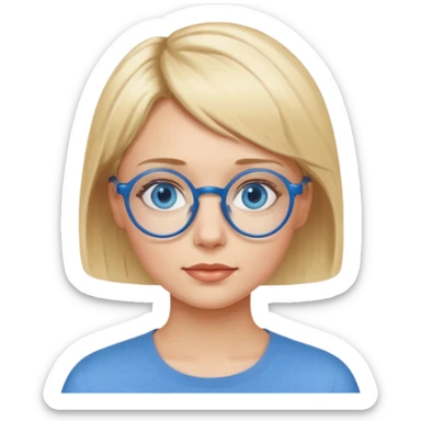 woman with short blonde haire, blue eyes and blue round glasses sticker