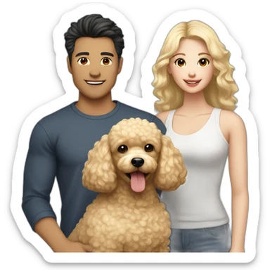 A Family consisting of 1 asian man with dark eyes and hair and 1 white blonde girl with pale skin and 1 fluffy brown toy poodle sticker