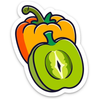 Various vitamin C rich foods: orange, kiwi, strawberry, bell pepper sticker