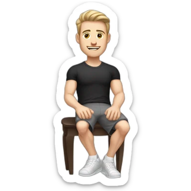 Pale skinned Fit Man With the biceps and dark brown hair in black shirt, gray sports shorts and white Sneakers Sitting on a chair sticker