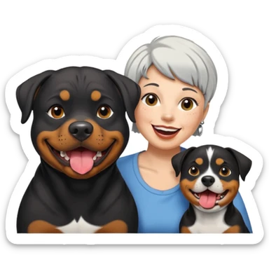 Pitt bull rottweiler white muzzle with black spots tongue out next to one older woman with short silver hair sticker