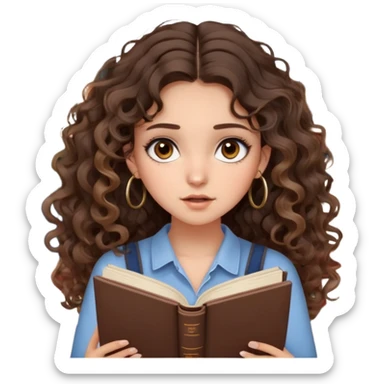 cute girl long brunette balayage curly/wavy not voluminous hair, brown eyes, hoop earrings, natural pretty clean makeup: desperate and shocked surrounded by books because she’s studying for her exams sticker