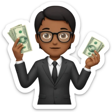 Rich man holding money with his left hand, wearing suit and glasses black hair, brown skin sticker