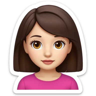 3D emoji sticker of a cute girl, Apple Memoji style, dark brown hair, brown eyes, long eyelash extensions, soft facial features, clean white background, smooth lighting, high quality, cute and friendly expression sticker