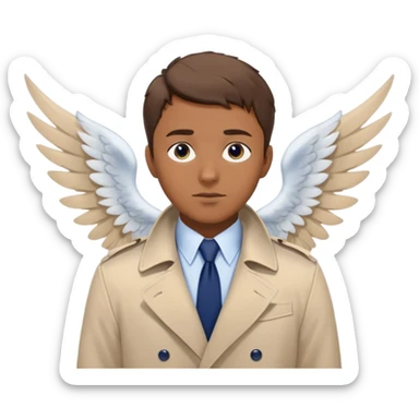 a man brown short hair, blue eyes, beige trenchcoat, white shirt, navy tie, angel wings sticker