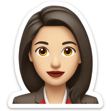 Attractive business woman with long dark brown hair, brown eyes, full lips, wearing a red blazer sticker