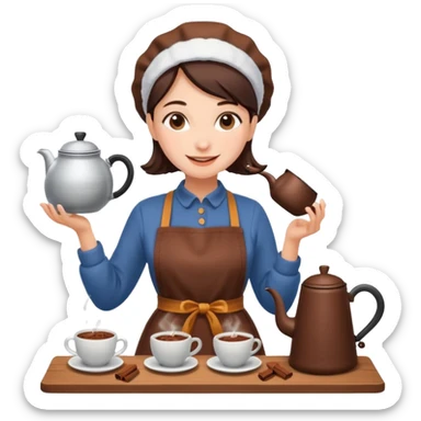 A cheerful woman wearing a winter apron, pouring cocoa from a kettle into tiny cups.
 sticker