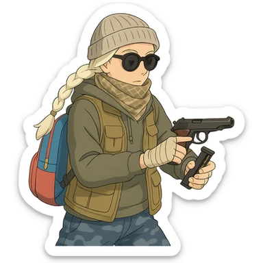 1 female, long white braid, knit cap, dark sunglasses, shemegh neckwrap, fishing vest, vibrant shool backpack, drab hoodie, handwraps, blue camo pants, executing a tactical reload of a makarov pistola sticker