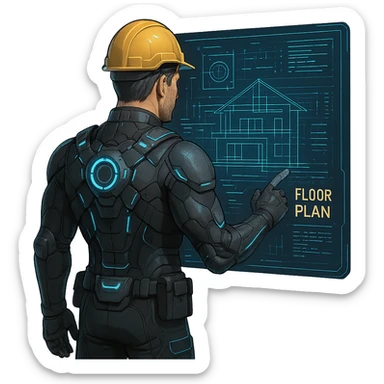 A 35-year-old male builder character with light skin in high-tech style with dark gray headers, cold blue links, warm white text, dark gray background, and teal accents. The character should be shown from the back, using a holographic blueprint, with a focus on the high-tech details. sticker