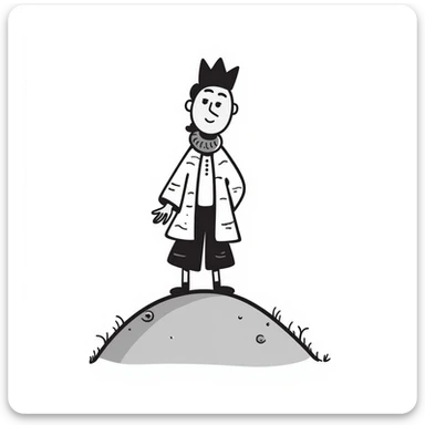 simple black line art of a king on a hill, playful and sketchy sticker