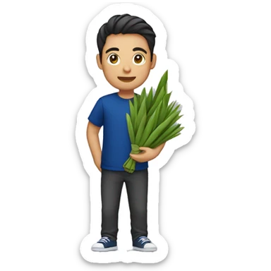 a guy with dark blue color shirt holding ketupat casually sticker