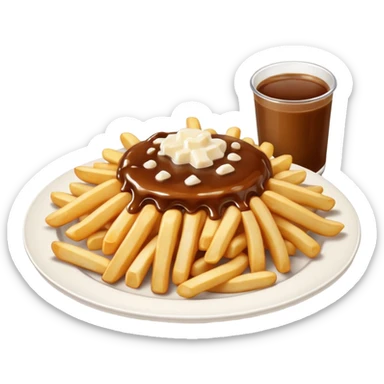 poutine, québec, white cheese curds with gravy on fries in a white plate sticker