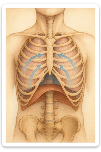 A realistic, high-quality anatomical illustration showing a human torso with visible rib cage and diaphragm. The ribs are shown in a decompressed, expanded state, allowing full lung expansion, while the diaphragm is depicted as relaxed and lowered, indicating deep, efficient breathing. Soft blue and warm tones highlight airflow and lung capacity, with light arrows illustrating the air movement during diaphragmatic breathing. The image conveys a sense of calm, openness, and optimal breathing mechanics, useful for physiotherapy, breathing education, and osteopathic learning contexts realistica sticker