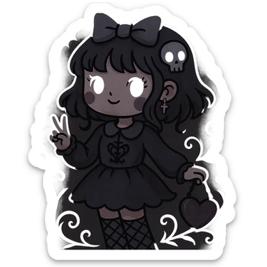 Edit the image of a gothic K-pop girl in a dreamy pastel goth style with a darker color palette and gothic details. The girl should have a whimsical pose and cute accessories. Remove the background. The style should reflect dreamy pastel goth with gothic elements and a darker color scheme. sticker
