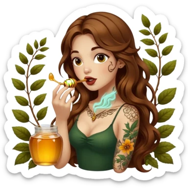forest mystic woman long wavy brown hair tattoos licking honey from finger flirty sticker
