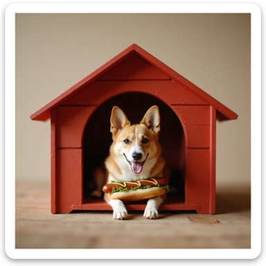 realistic red dog house with a Corgi dog inside, Corgi with a hot dog, photorealistic style sticker