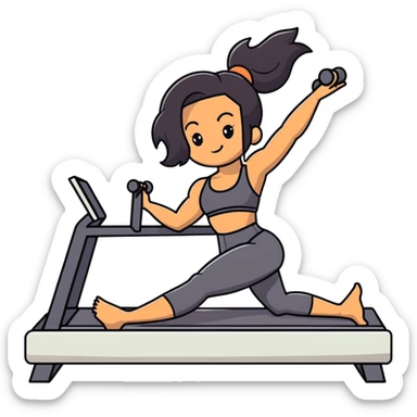 woman with tanned skin, long black hair, wearing a sports bra, doing Pilates on a reformer machine sticker