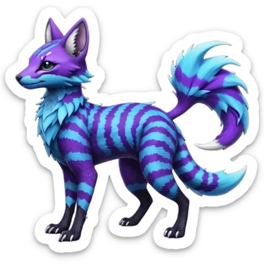 Feral Rare Fantasy  Black-Dark-Vortexed Lightning-strike-zig-zag-patterned striking purple-indigo-violet-blue-cyan-gradients with black points, white underside, galactic stormy edgy badass realistic Vernid-Sergal-Genet-Trico-species by LiLaiRa, random markings, tufted tail, tufted ears, full body sticker