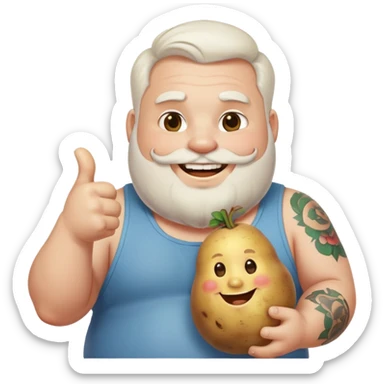 fat guy with white side part and white beard and key tatto on his arm smiling and holding a potato with a thumbs up sticker