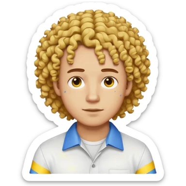 Make me an emoji that has a guy with a white shirt and yellow tape around the shirt with brown and blue spots hair make the hair curly make the yellow tape go around it sticker