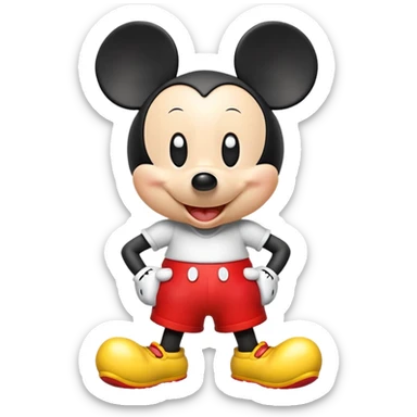 Design a 3D emoji-style Mickey Mouse with big round ears, red shorts, yellow shoes, and a cheerful expression. Cute, glossy, and cartoonish. sticker