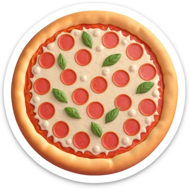 frozen pizza, uncooked, round, pale dough, cheese, tomato sauce, pepperoni or vegetables, firm, frosted, ice crystals, matte, clean 3D, soft lighting, emoji scale sticker