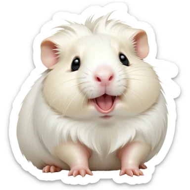 Cinematic Cute Yawning White Guinea Pig Portrait Emoji, Head tilted slightly with a dramatic, wide-open yawn, revealing a soft, downy white fur with tiny drooping ears, round dark eyes barely open in drowsy contentment, Simplified yet irresistibly adorable features, highly detailed, glowing with a soft, cozy glow, high shine, relaxed yet expressive, stylized with a touch of whimsy, bright and endearing, soft glowing outline, capturing the essence of a sleepy yet affectionate guinea pig, so drowsy it feels like it could stretch right out of the screen and curl up for a nap! sticker
