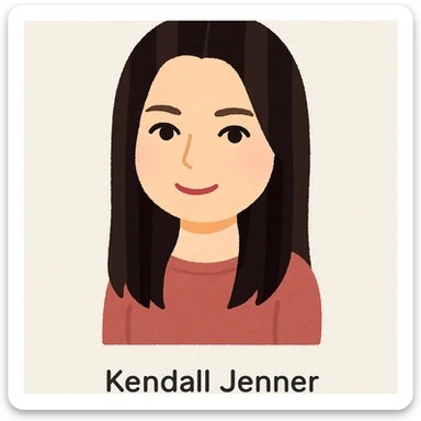 Kendall Jenner's head in Irasutoya style, gentle eyes, long straight hair, cute and approachable sticker