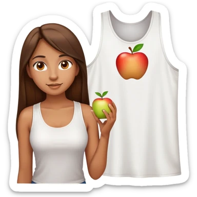 A woman with a round face, big round nose, long straight brown hair, and brown eyes, wearing a white tank top. The style should resemble the Apple emoji design, with a smooth, simple appearance and bright, clear features. sticker