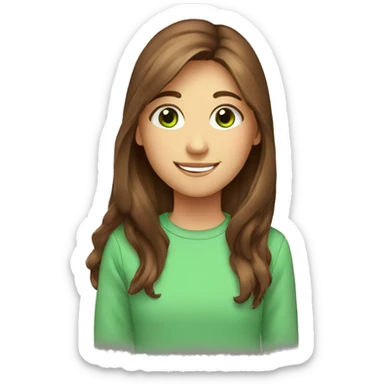 girl, long brown hair, smile, green eyes, sweatshirt sticker