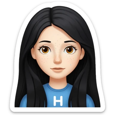 Quiero un emoji que arriba de ella tenga una frase que diga "hi" que sea una niña blanca pelo negro largo y que tenga pecas en su carita sticker