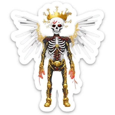 White skeleton zombie person covered in golden chains and black graffiti scribbles and red and silver doodles wings made of neon lightning snowing snowflakes crown made of snowflakes  sticker
