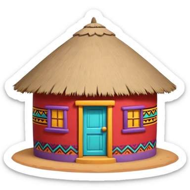 African mud hut tribal house, round adobe clay hut, thatched roof, bright colorful paint, walls in turquoise, red, yellow, purple, tribal patterns, cute mobile game icon, 3D cartoon, soft shadows, clean background, no text, no watermark sticker