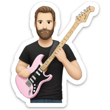 white man with dark beard and black t shirt and pastel pink stratocaster electric guitar sticker