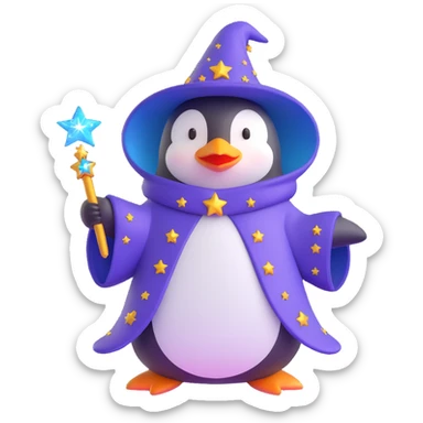 3D emoji of a penguin wizard with a starry cloak and magical sparkles sticker