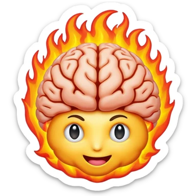 high-contrast emoji of a brain with vivid flames, representing intense passion and discovery, compact, vibrant, optimized for emoji size sticker