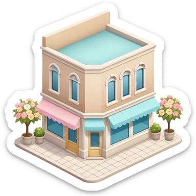 isometric exterior little beige and white shop with abundant pastel florals everywhere sticker