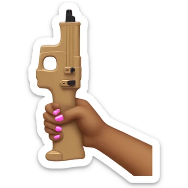 Tan hand with pink long nails, holding a black and gold water gun sticker
