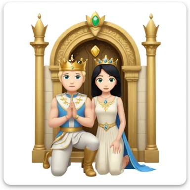 Man as king, standing, black Hair, blue eyes, woman, blonde, green eyes, shott white sleveless Dress, kneeling, background palace sticker