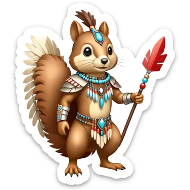 Full body Robotic squirrel wearing native American regalia with feathers and beads and a arrowhead sticker