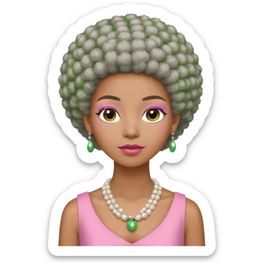 Brown woman with very short stylish gray Afro  wearing pink and green dress  and pearl necklace  sticker