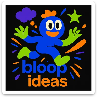 imaginative abstract mascot for a black website, playful and energetic, thought bubbles and dynamic shapes to represent creativity and movement, vibrant colors, creative tech portfolio, includes tagline 'bloop ideas' sticker