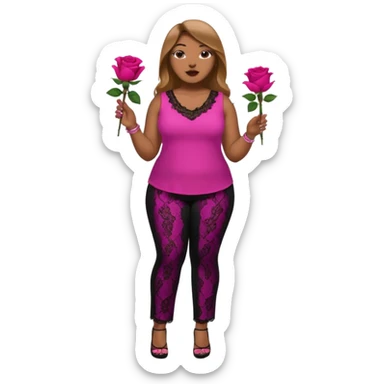 A plus-size Black woman with long, straight, light brown hair is wearing a fuchsia sleeveless shirt and black lace pants. She is standing with fuchsia-painted nails and is holding a rose. sticker