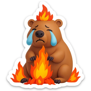 crying capybara, a fire around, 3d-emoji style sticker