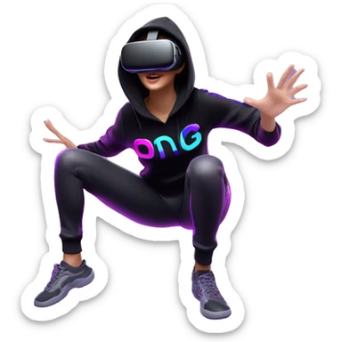 Russian girl wearing black hoody with violet letters "OMG", in vr headset oculus quest2. jumping. Cyberpunk style. Violet neon. sticker