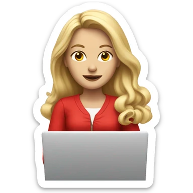 Long blonde hair woman in red writing on laptop sticker