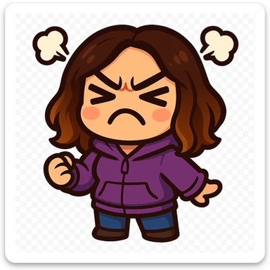 Sticker style chibi emote, matching the attached green heart emote as a base. Woman from reference, purple hoodie and blue jeans, angry with steam puffs, cute angry face, no headband, no wand, transparent background. Top color should not match jeans. sticker